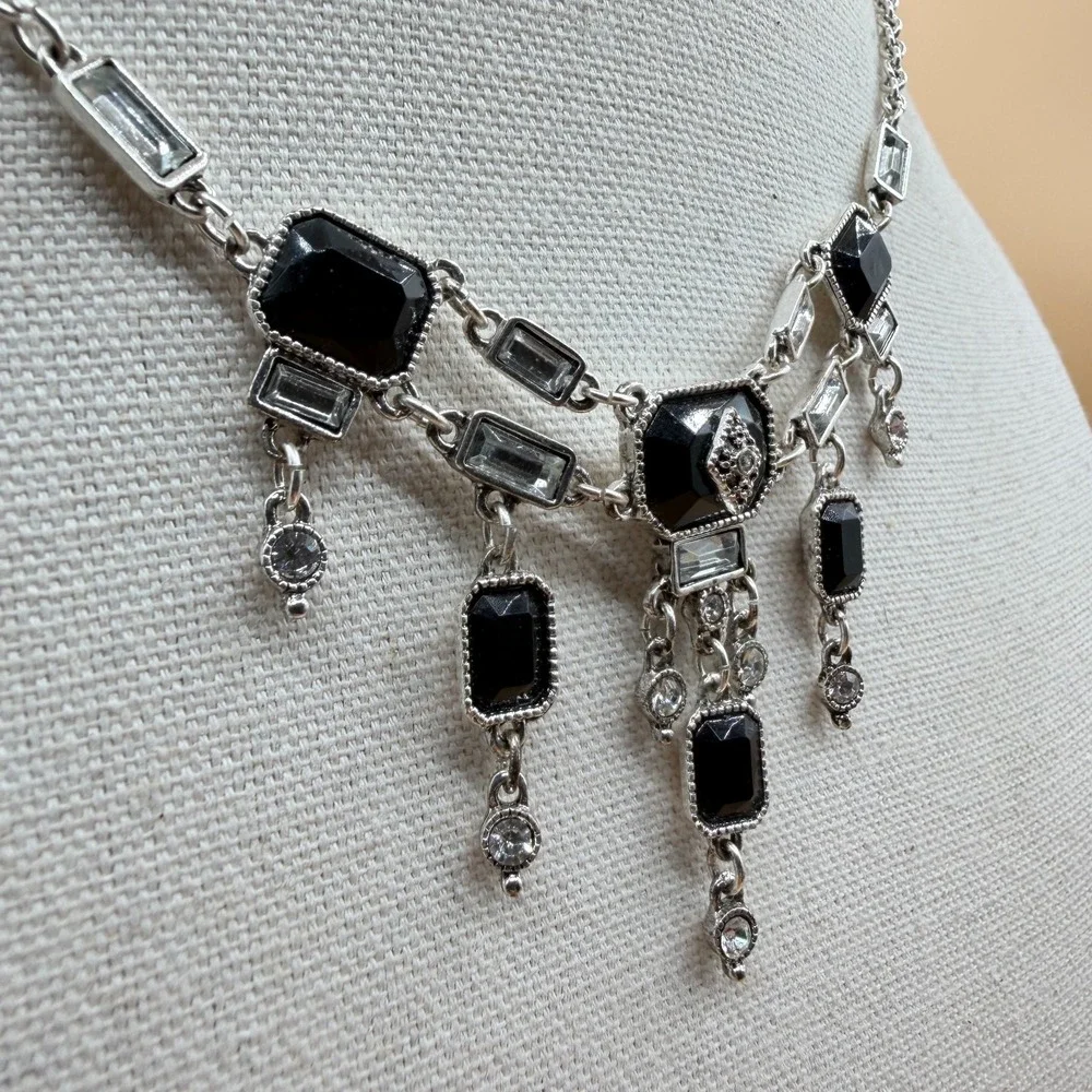 Black Faceted Crystal Rhinestone Silver Tone Dangle Bib Statement Necklace Deco